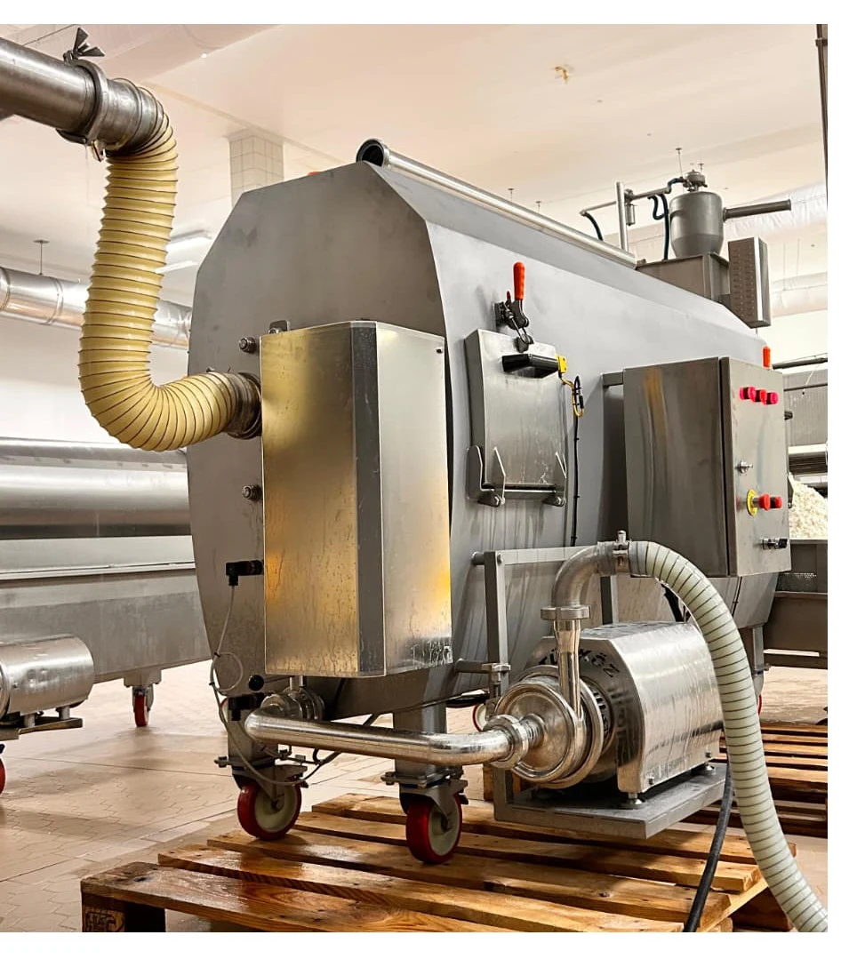 Rotary Whey Drainer Drum — side view with integrated centrifugal pump